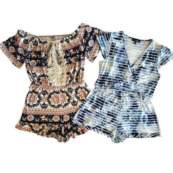 2 Short Sleeve Romper Shorts Sets Crochet Elephant Off Shoulder Size Med - Picture 1 of 12